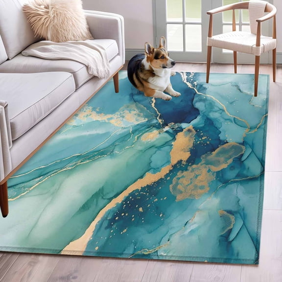 3'x5' Rug for Living Room Bedroom, Turquoise Marble Washable Area Rugs Non-Slip Carpet Mats, Modern Abstract Art Ombre Blue Indoor Low Pile Area Rug Runner for Kitchen, Mudroom