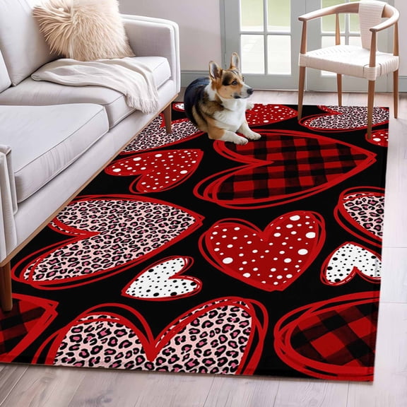 3'x5' Rug for Living Room Bedroom, Valentine's Day Washable Area Rugs Non-Slip Carpet Mats, Leopard Print Love Heart Red Black Indoor Low Pile Area Rug Runner for Kitchen, Mudroom