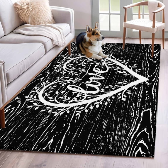 3'x5' Rug for Living Room Bedroom, Valentine's Day Washable Area Rugs Non-Slip Carpet Mats, Love Branches Vintage Wood Grain Black Indoor Low Pile Area Rug Runner for Kitchen, Mudroom