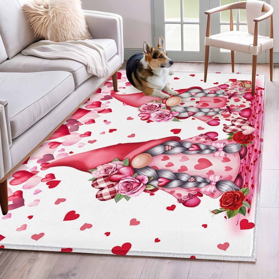 3'x5' Rug for Living Room Bedroom, Valentine's Day Washable Area Rugs Non-Slip Carpet Mats, Pink Love Gnomes Roses Romantic White Indoor Low Pile Area Rug Runner for Kitchen, Mudroom