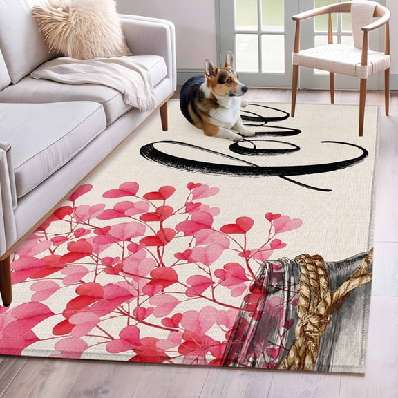 3'x5' Rug for Living Room Bedroom, Valentine's Day Washable Area Rugs Non-Slip Carpet Mats, Pink Love Heart Bottles Romantic Beige Indoor Low Pile Area Rug Runner for Kitchen, Mudroom