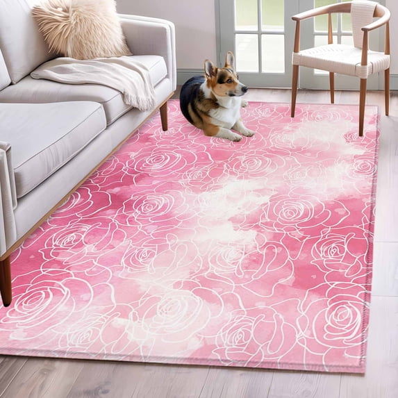 3'x5' Rug for Living Room Bedroom, Valentine's Day Washable Area Rugs Non-Slip Carpet Mats, Watercolor Roses Floral Ombre Romantic Indoor Low Pile Area Rug Runner for Kitchen, Mudroom