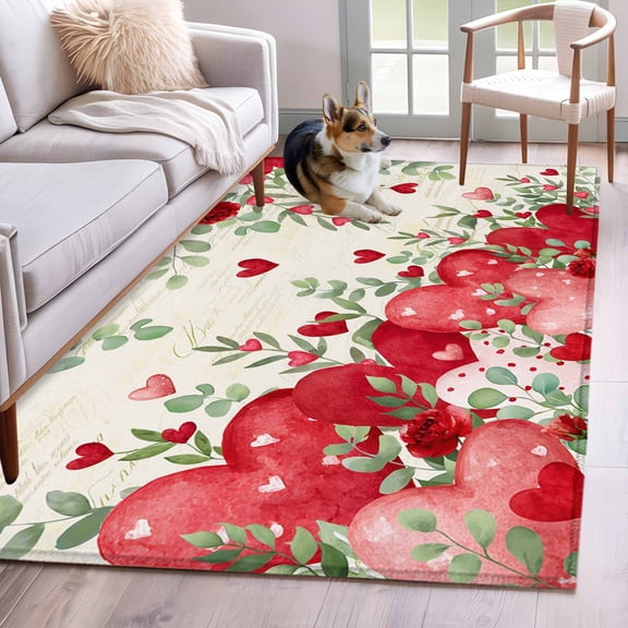 3'x5' Rug for Living Room Bedroom, Valentines Love Heart Washable Area Rugs Non-Slip Carpet Mats, Red Eucalyptus Botanical Retro Indoor Low Pile Area Rug Runner for Kitchen, Mudroom