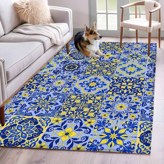 3'x5' Rug for Living Room Bedroom, Vintage Boho Washable Area Rugs Non-Slip Carpet Mats, Middle Century Bohemia Style Patchwork Blue Indoor Low Pile Area Rug Runner for Kitchen, Mudroom