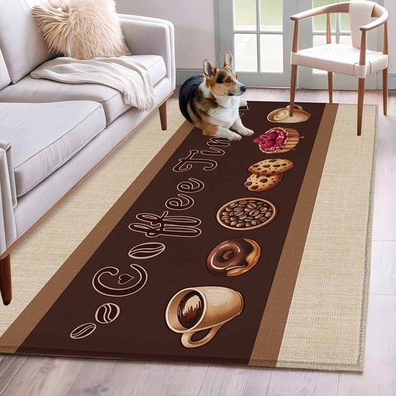3'x5' Rug for Living Room Bedroom, Vintage Coffee Time Washable Area Rugs Non-Slip Carpet Mats, Farmhouse Desserts Beige Burlap Indoor Low Pile Area Rug Runner for Kitchen, Mudroom
