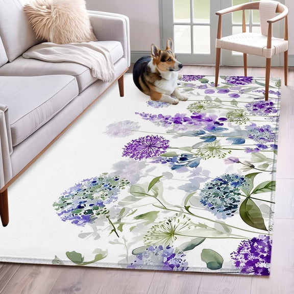 3'x5' Rug for Living Room Bedroom, Watercolor Flowers Washable Area Rugs Non-Slip Carpet Mats, Spring Floral Lavender Hydrangea Botanical Indoor Low Pile Area Rug Runner for Kitchen, Mudroom