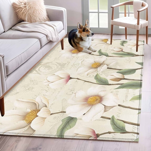 3'x5' Rug for Living Room Bedroom, White Floral Washable Area Rugs Non-Slip Carpet Mats, Spring Country Vintage Flower Leaf Plant Indoor Low Pile Area Rug Runner for Kitchen, Mudroom