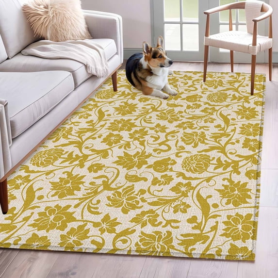 3'x5' Rug for Living Room Bedroom, Yelllow Floral Washable Area Rugs Non-Slip Carpet Mats, Vintage Rustic Plants Flowers Spring Indoor Low Pile Area Rug Runner for Kitchen, Mudroom