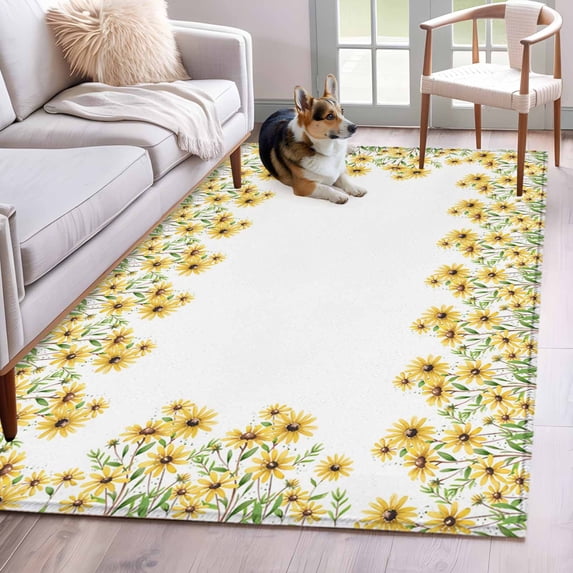 3'x5' Rug for Living Room Bedroom, Yellow Daisy Washable Area Rugs Non-Slip Carpet Mats, Spring Summer Pastoral Garden Floral Blossom Indoor Low Pile Area Rug Runner for Kitchen, Mudroom
