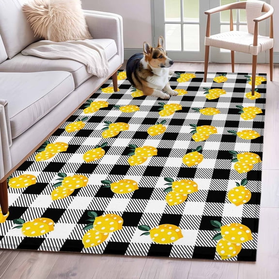3'x5' Rug for Living Room Bedroom, Yellow Lemons Washable Area Rugs Non-Slip Carpet Mats, Summer Botanical Black White Checkered Indoor Low Pile Area Rug Runner for Kitchen, Mudroom