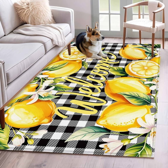 3'x5' Rug for Living Room Bedroom, Yellow Lemons Washable Area Rugs Non-Slip Carpet Mats, Summer Fruits Leaves Botanical Buffalo Plaid Indoor Low Pile Area Rug Runner for Kitchen, Mudroom