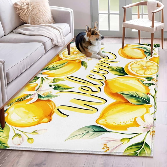 3'x5' Rug for Living Room Bedroom, Yellow Lemons Washable Area Rugs Non-Slip Carpet Mats, Summer Fruits Leaves Pastoral Botanical Indoor Low Pile Area Rug Runner for Kitchen, Mudroom