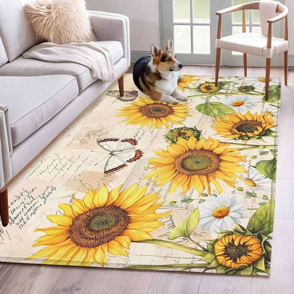 3'x5' Rug for Living Room Bedroom, Yellow Sunflowers Washable Area Rugs Non-Slip Carpet Mats, Country Farm Butterfly Flower Light Beige Indoor Low Pile Area Rug Runner for Kitchen, Mudroom