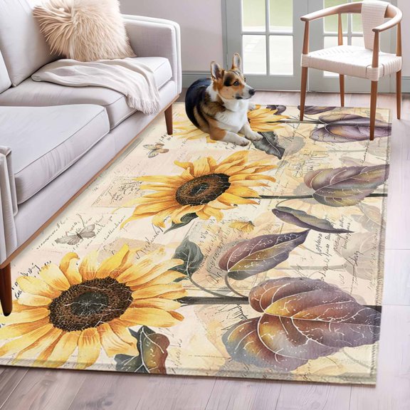 3'x5' Rug for Living Room Bedroom, Yellow Sunflowers Washable Area Rugs Non-Slip Carpet Mats, Vintage Flowers Leaves Butterfly Plants Indoor Low Pile Area Rug Runner for Kitchen, Mudroom