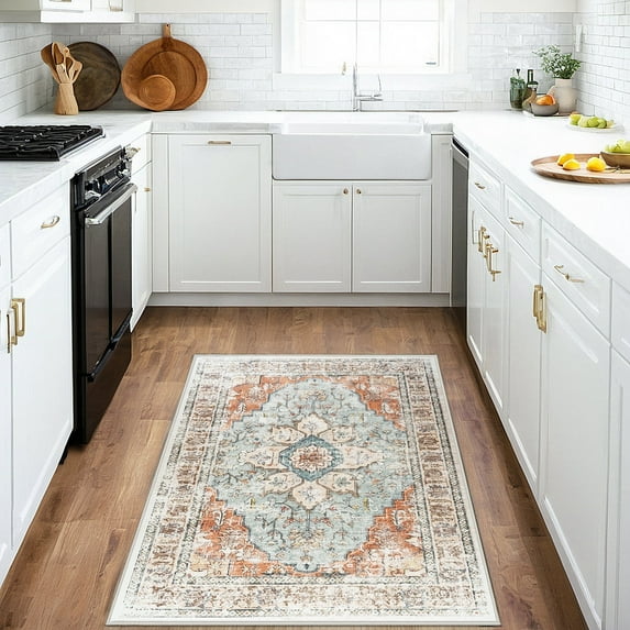 3'x5' Vintage Area Rugs,Soft Washable Distressed Thin Rugs for Kitchen Bathroom,Non-Slip Foldable Indoor Carpet,Brick Red