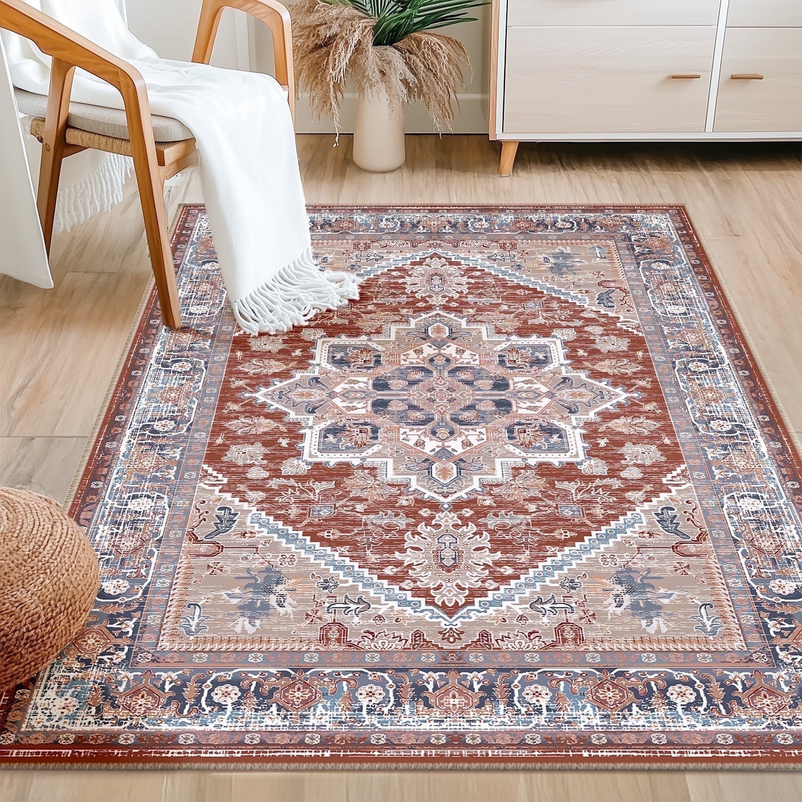 3'x5' Area Rugs, Machine Washable Non Slip Area Rug for Kitchen, Soft Low Pile Vintage Print Pattern Indoor Bathroom Thin Carpet, Brick Red