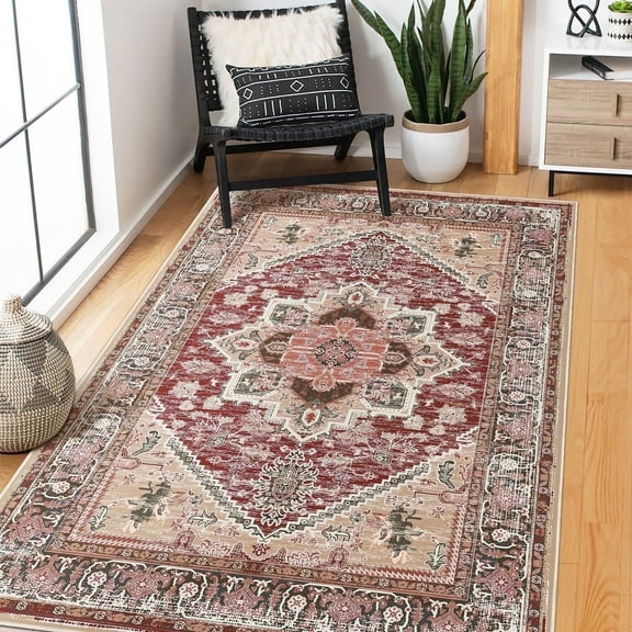 3'x5' Area Rugs, Machine Washable Non Slip Area Rug for Kitchen, Soft Low Pile Vintage Print Pattern Indoor Bathroom Thin Carpet, Burgundy