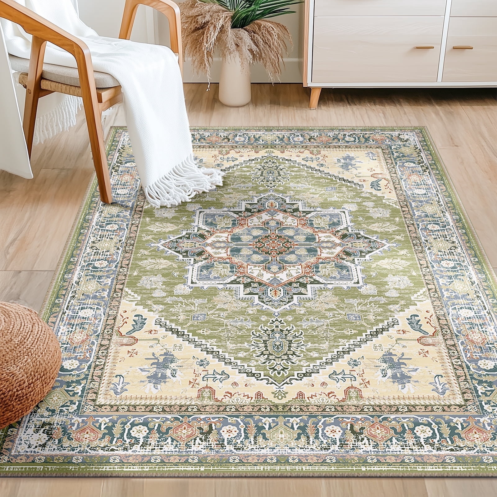 3'x5' Area Rugs, Machine Washable Non Slip Area Rug for Kitchen, Soft Low Pile Vintage Print Pattern Indoor Bathroom Thin Carpet, Green