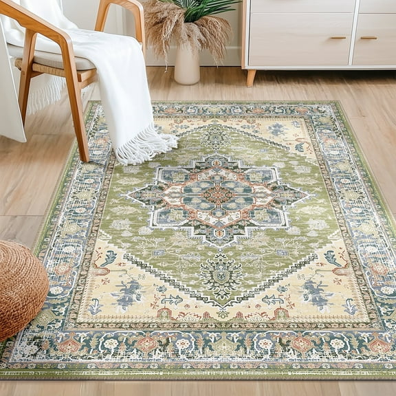 3'x5' Area Rugs, Machine Washable Non Slip Area Rug for Kitchen, Soft Low Pile Vintage Print Pattern Indoor Bathroom Thin Carpet, Green