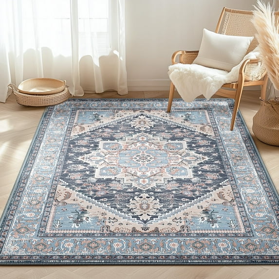 3'x5' Area Rugs, Machine Washable Non Slip Area Rug for Kitchen, Soft Low Pile Vintage Print Pattern Indoor Bathroom Thin Carpet, Navy Blue
