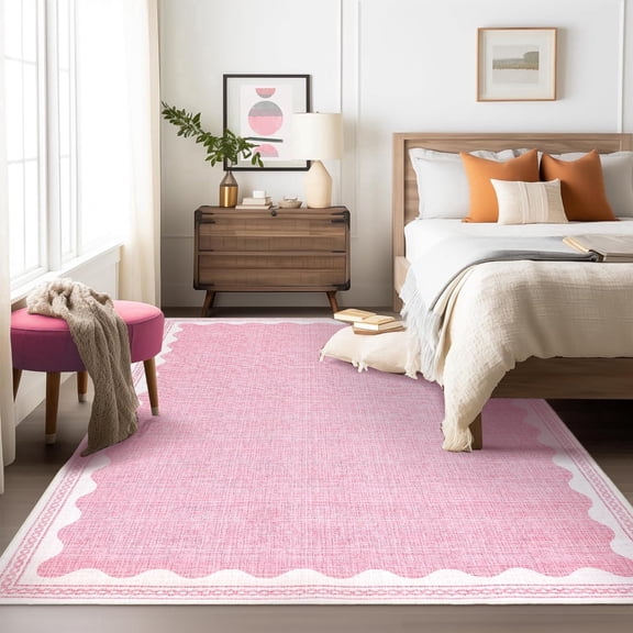 3'x5' ZACOO Scalloped Border Solid Textured Low-Pile Indoor Area Rug, Machine Washable Foldable Non-Shedding for Lounge, Hallway, Bedroom , Pink