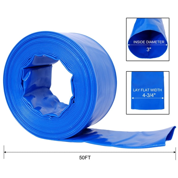 3"x50Ft Filter Backwash Hose, Blue Heavy Duty Reinforced PVC Lay Flat Water Discharge Pump Hoses for Swimming Pool Filter Pump,with 2 Clamp