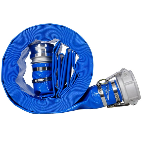 3"x50Ft Swimming Pool Backwash Hose, Blue Heavy Duty Reinforced PVC Flat Outlet Hose for Swimming Pool Filter Pumps with Aluminum Camlock C and E Fittings