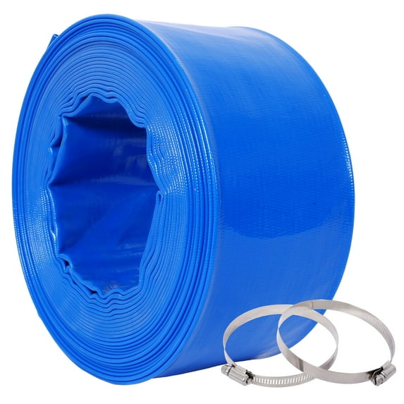 3"x50Ft Swimming Pool Backwash Hose, Blue Heavy Duty Reinforced PVC Flat Outlet Hose for Swimming Pool Filter Pumps with 2 Clamps