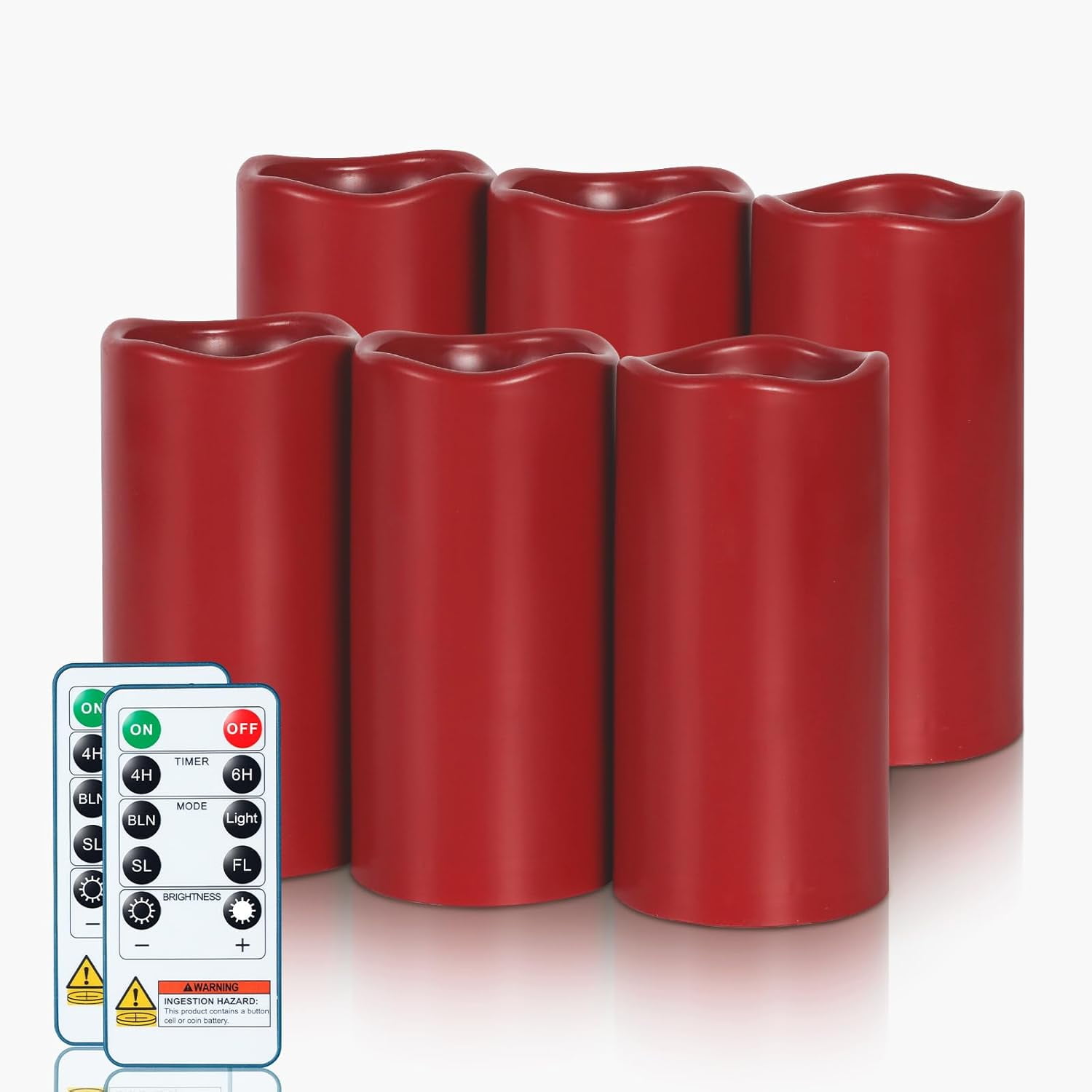 3"x6" Red Flameless Candles with Remote, Christmas Candles Battery Operated with Timer, Waterproof LED Pillar Candles for Thanksgiving Table, Home, Outdoor Decor, Plastic, Set of 6