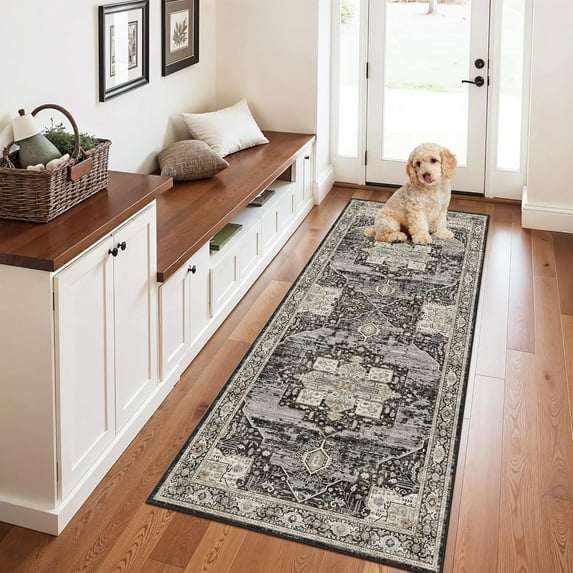 3'x6' Washable Runner Rug, Stain Resistant Thin Durable Black Rug for Hallway Entryway Kitchen Bathroom