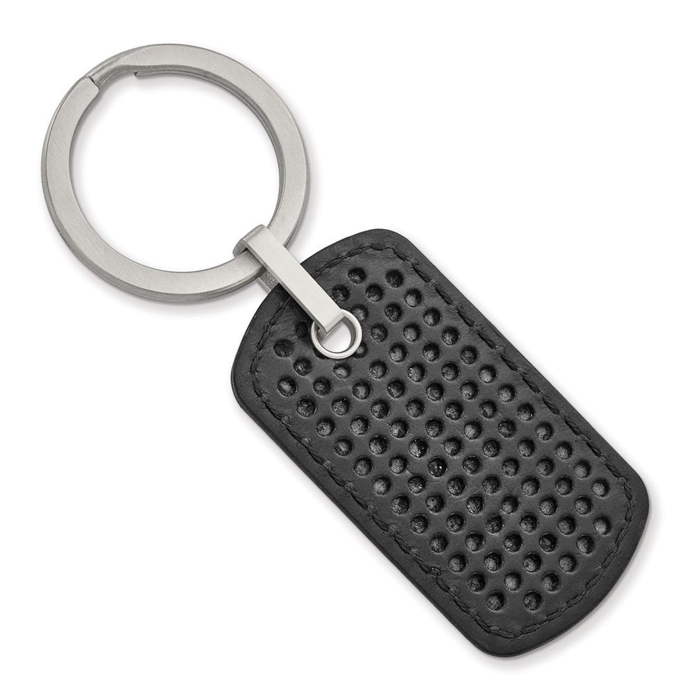 30.08mm Stainless Steel Brushed Textured Black Leather Stitched Key Ring Jewelry for Men