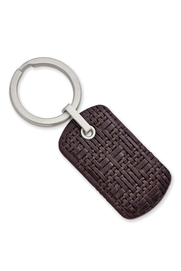 30.14mm Stainless Steel Brushed Brown Woven and Stitched Leather Key Ring Jewelry for Men