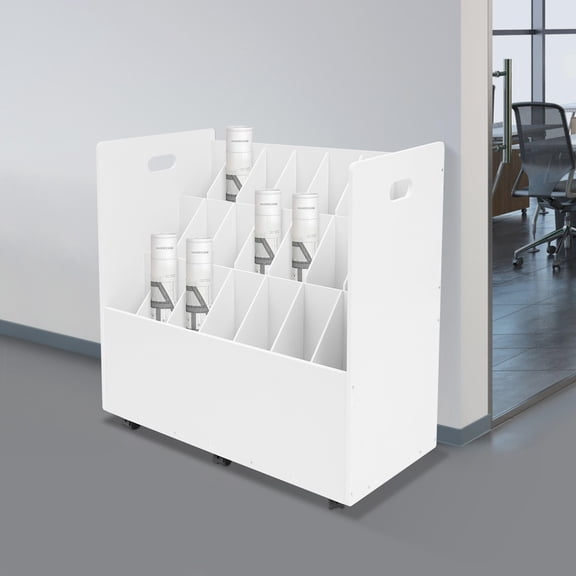 30*15.7*28.3in 21 Slots Modern White Rectangular Floorstanding Roll Files Storage Cabinet with Wheels