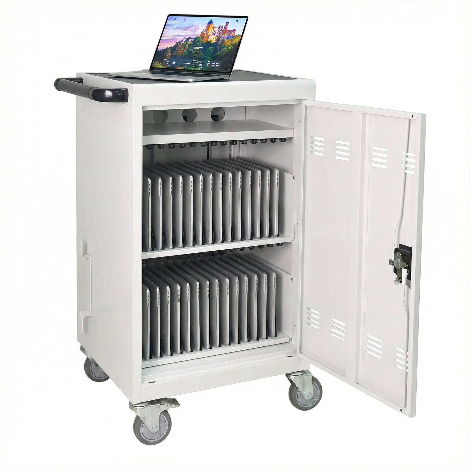 30+2 Bay Mobile School Charging Cart Station for Chromebook, Tablet and Laptop Computer with Power Strip Included