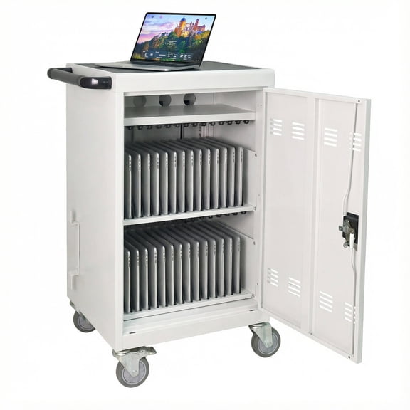 30+2 Bay Mobile School Charging Cart for book, Tablet and Laptop with Power Strip, Lockable Doors, Steel Construction, Antique White