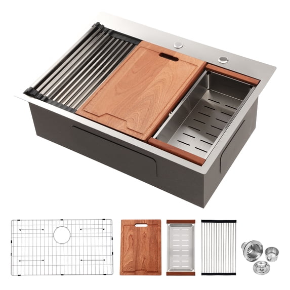 30"×22", 16-Gauge Stainless Steel Undermount Apron-front Single Bowl Kitchen Workstation Sink