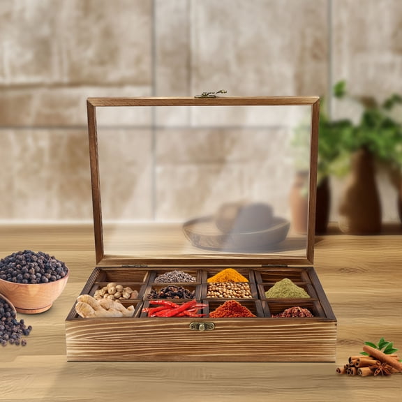 30*22.5*7cm 12 Compartments Indoor Wooden Spice Box Brown Retro Wooden Spice Rack Containers with Clear Lid