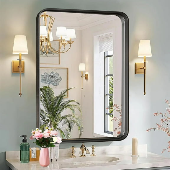 30"×22"  Bathroom Wall Mirror, Modern Black Vanity Mirror with Round Corner Rectangular Metal Frame, Hangs Horizontally or Vertically