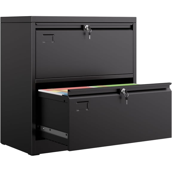 30.24" H Lateral File Cabinet with 2 Drawer,Metal Wide Filing Cabinet with 2 Locks and Business Card Slot for Home Office School Hanging Letter/Legal/F4/A4 Size Folders,Required Assembly,Black