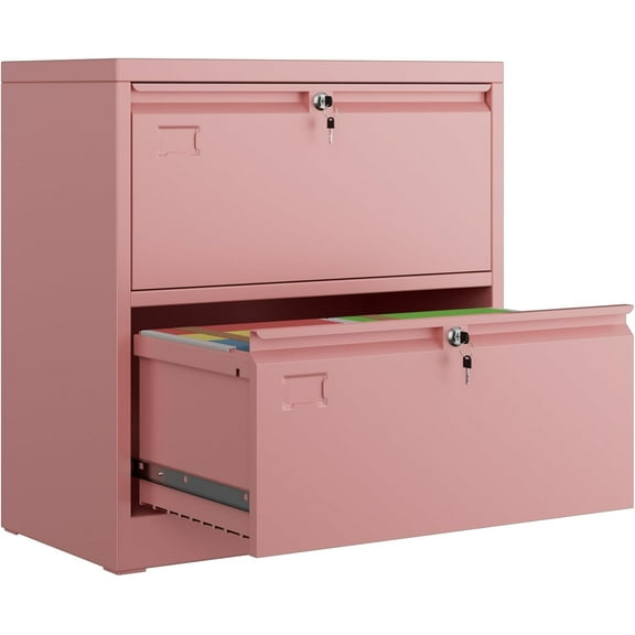 30.24" H Lateral File Cabinet 2 Drawer,Metal Wide Filing Cabinet with 2 Locks and Business Card Slot for Home Office School Hanging Letter/Legal/F4/A4 Size Folders,Required Assembly,Pink