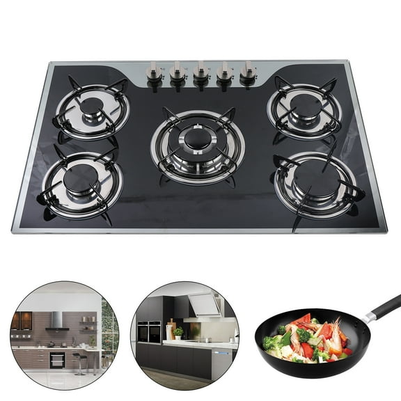30.3" Built-in Gas Cooktop 5 Burners Gas Stove Gas Hob Stovetop Stainless Steel Cooktop Cast Iron Grates, Black