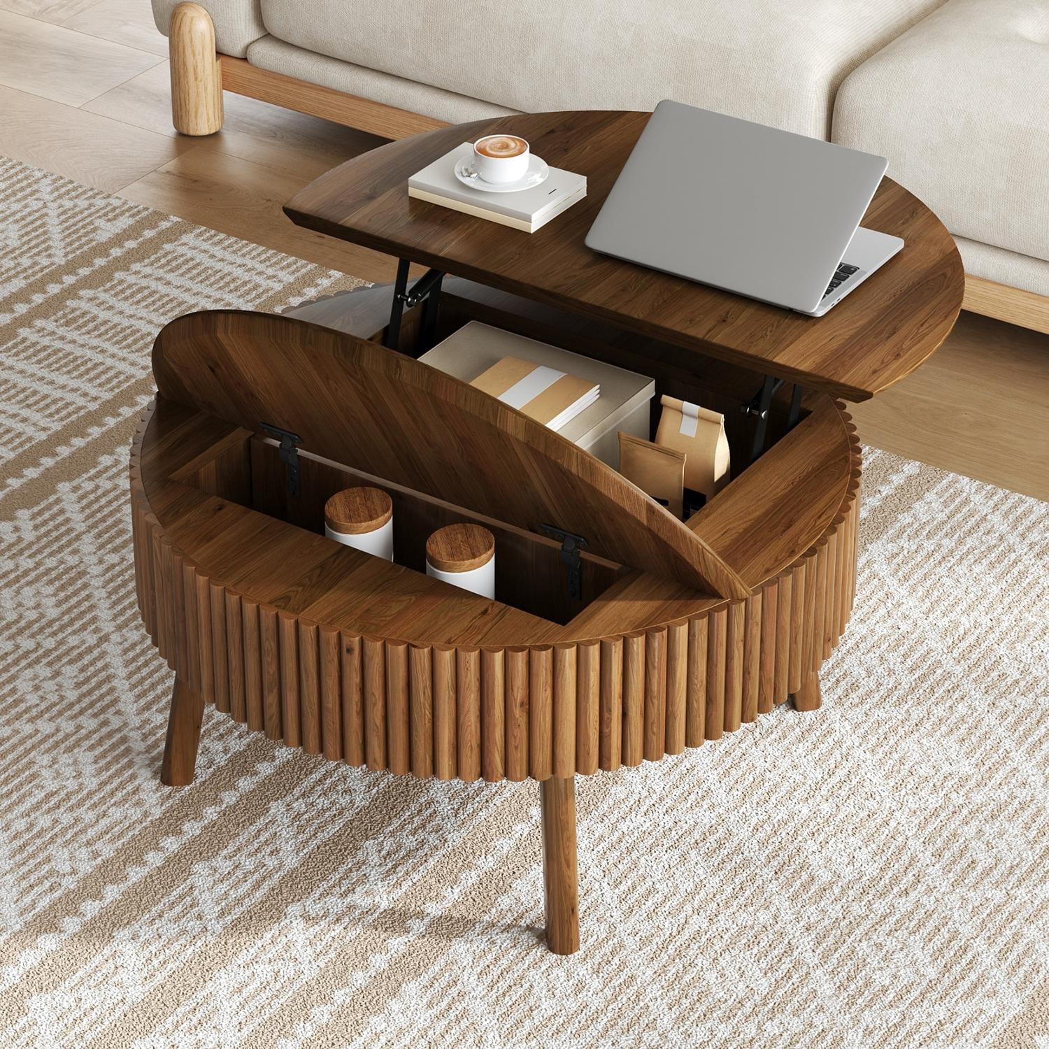 30.3-Inch Round Lift-Top Coffee Table with Half Flip-Top and Hidden Storage, Mid-Century Fluted Wood Center Table and Side Table for Living Room, Walnut