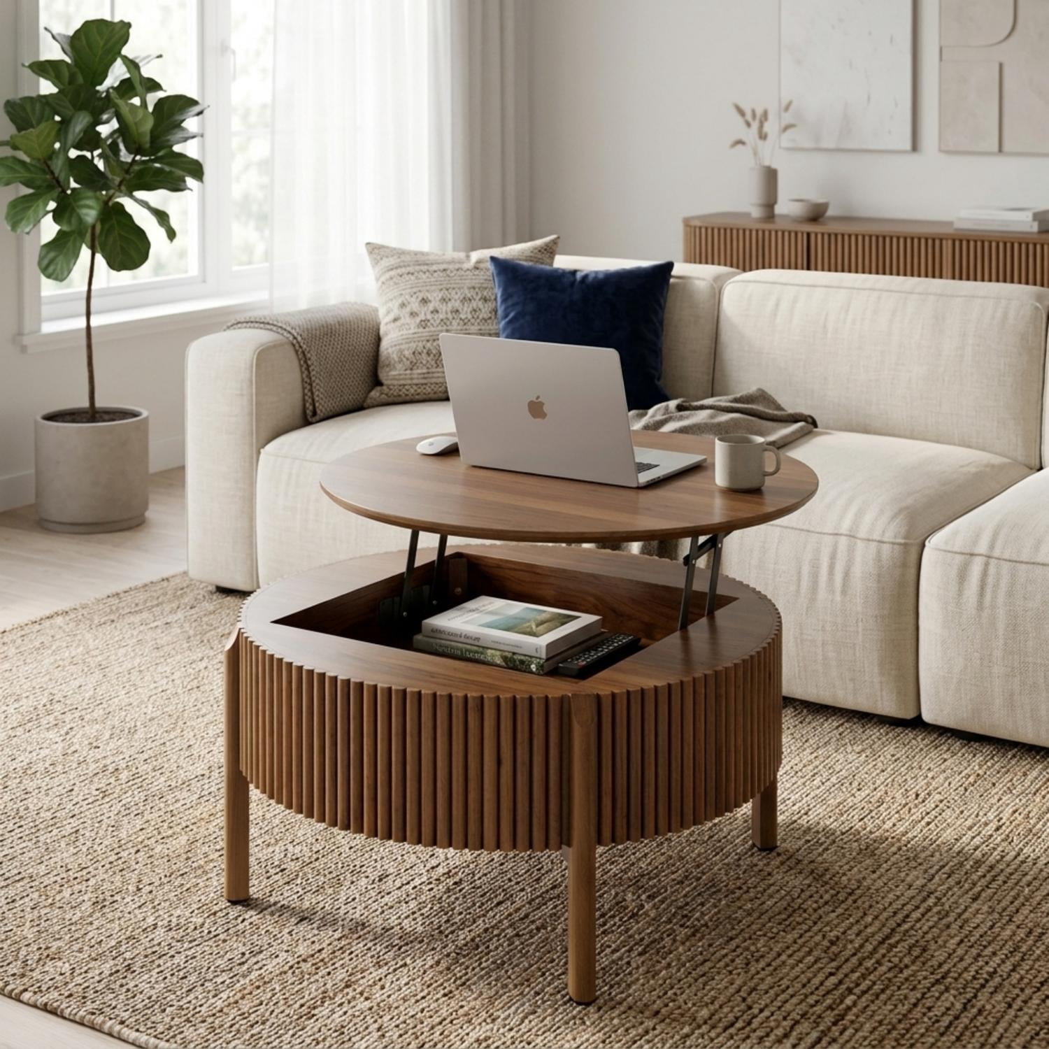 30.3-Inch Round Lift-Top Coffee Table with Hidden Storage and Fluted Base, Modern Farmhouse Center Table and Cocktail Table for Living Room, Walnut