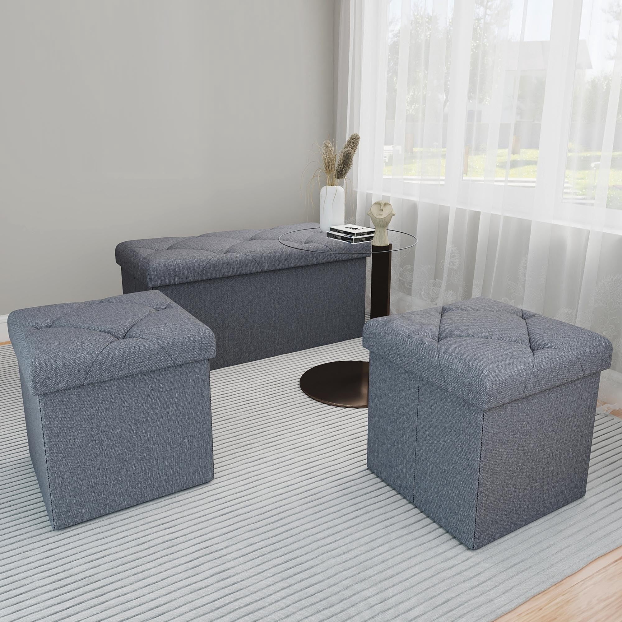 30" 3 PCS Storage Ottoman Bench, Folding Square Storage Ottoman with Lid, Fabric Cube Seat Footrest for Bedroom Living Room Entryway, Grey