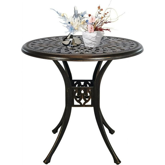 30.3" Patio Bistro Table Cast Aluminum Patio Table,Metal Patio Dining Table with Umbrella Hole,All Weather Outdoor Bistro Dining Table for Backyard, Garden, Balcony, Bronze