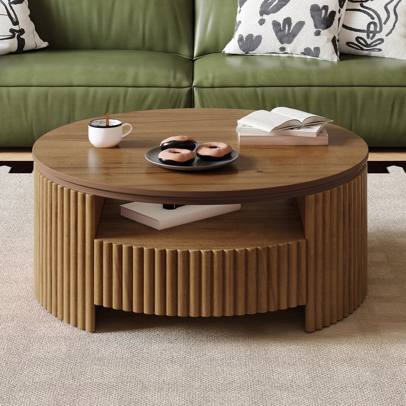 30.3'' Round Fluted Coffee Table with Dual Hidden Storage Drawers, 2-Tier Design Center Cocktail Table with Open Shelf
