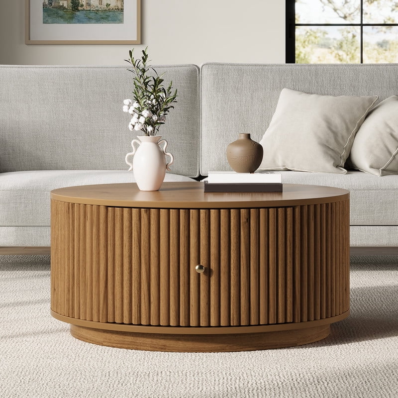 30.3'' Round Fluted Design Coffee Table with Dual Hidden Storage Drawers, Drum Base Center Cocktail Table