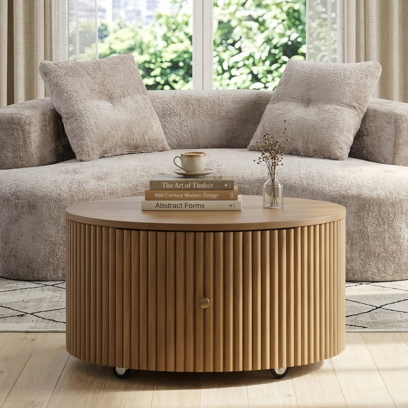 30.3'' Round Fluted Design Coffee Table with Rolling Casters & Dual Hidden Storage Drawers, Drum Base Center Cocktail Table