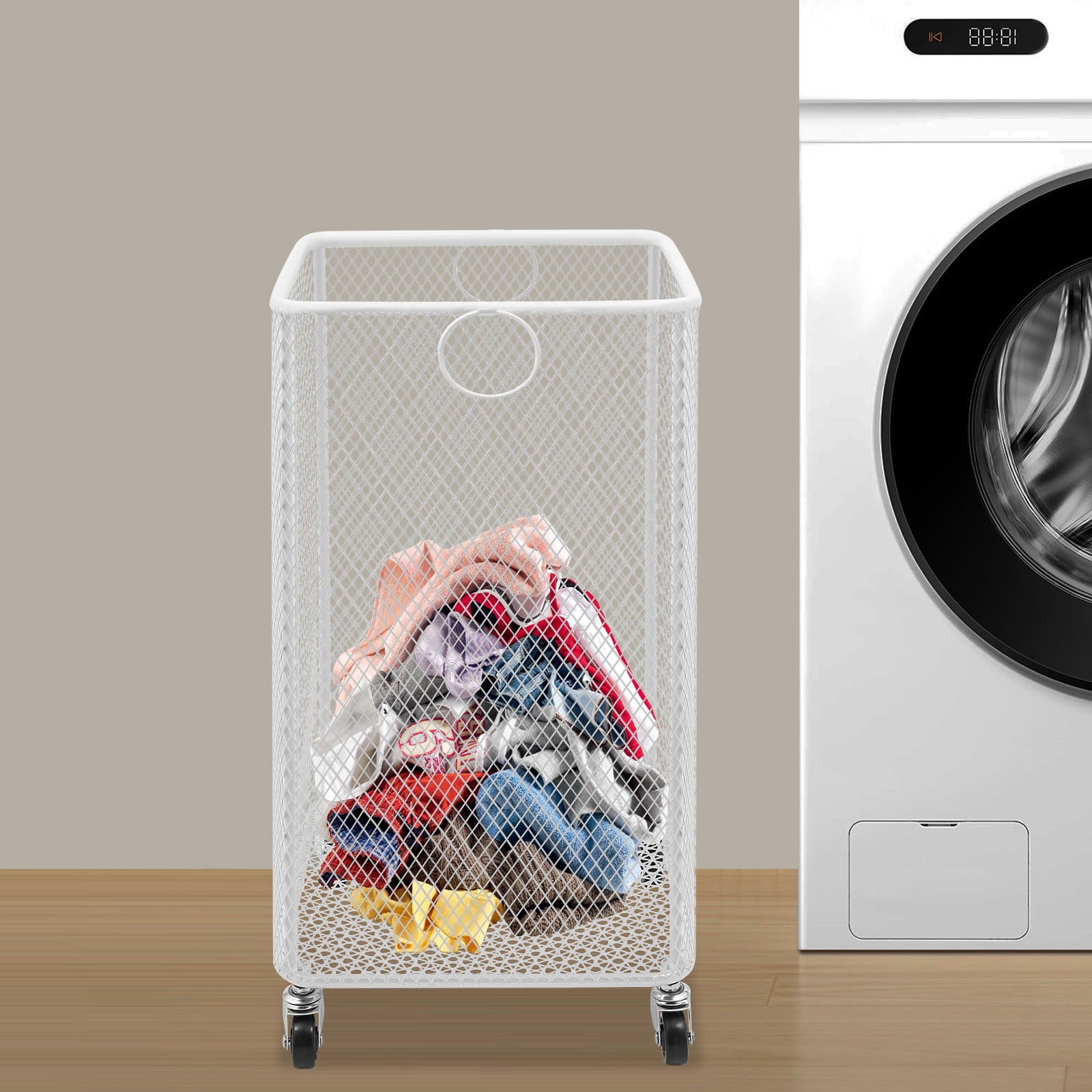 30*30*55cm Modern Laundry Basket with Wheel Rolling Laundry Basket Laundry Basket Cart Iron White