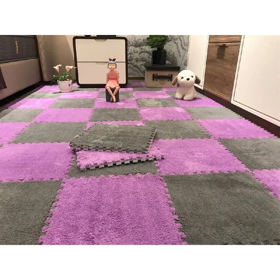Kids Soft Plush Interlocking Puzzle Play Mat, 11.8"×11.8" Warm Floor Tiles for Playroom Home Floor Decoration